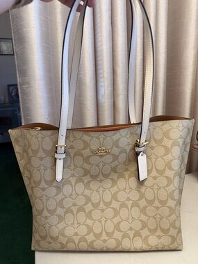 Coach Khaki & Chalk Signature Tote with White Leather Straps
